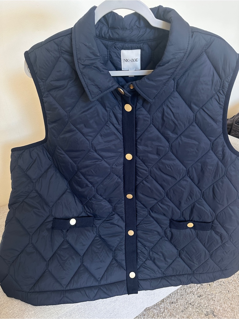 NIC+ZOE Navy Quilted Sleeveless Vest with Gold Snaps